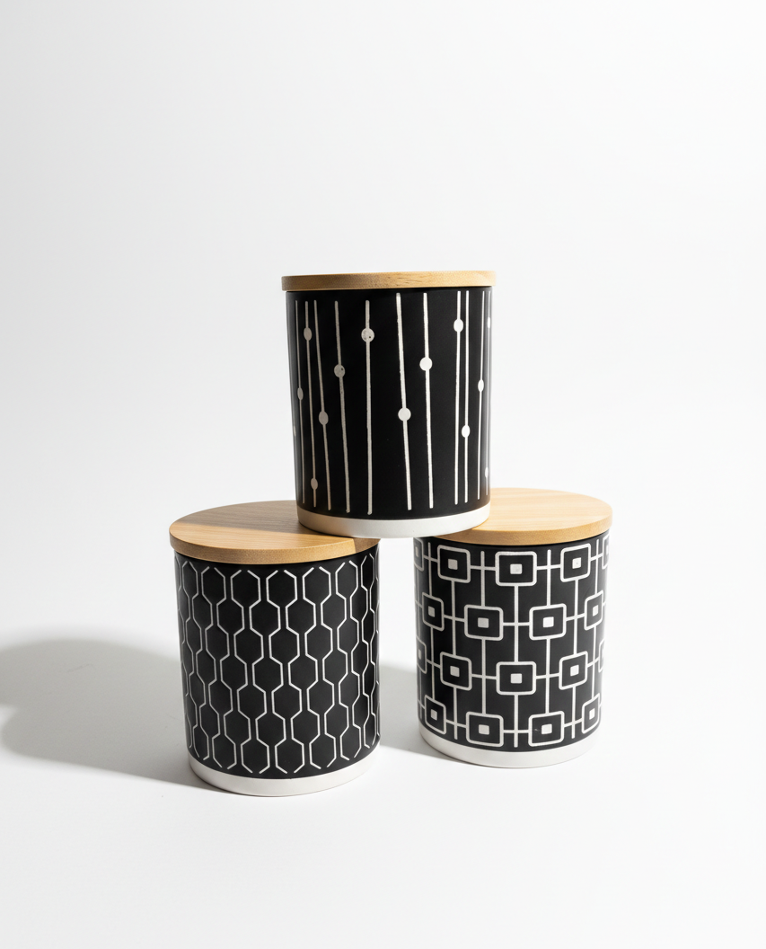 Patterned Ceramic Storage Jars with Wooden Lid (Set of 3)