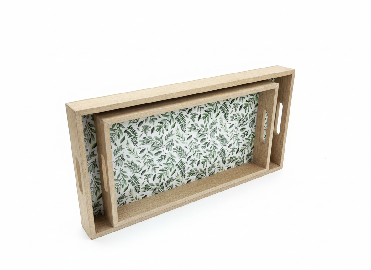 Wooden Serving Trays with Botanical Base (Set of 2)