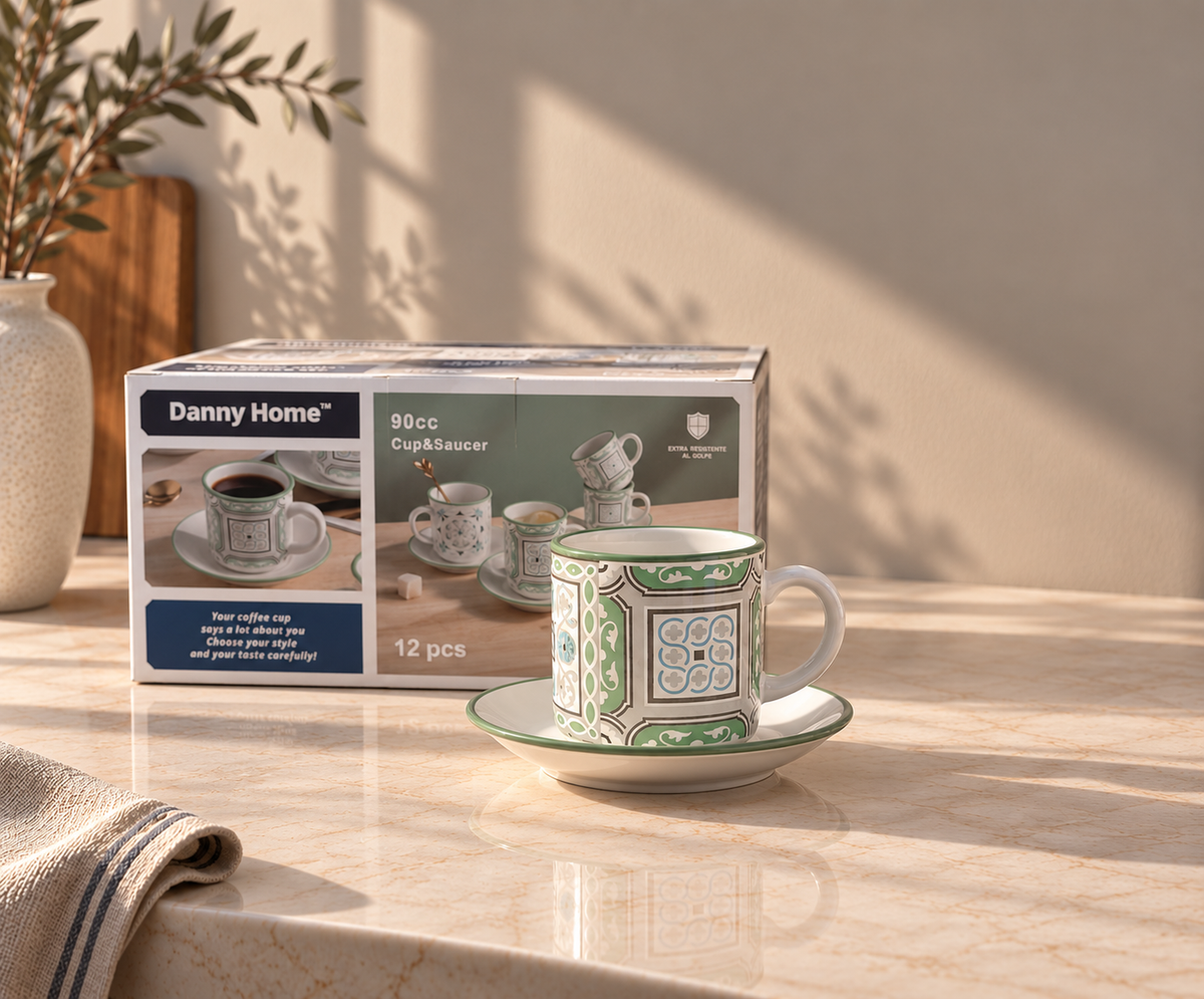 Heritage Green Espresso Cup & Saucer Set – 6 Pieces