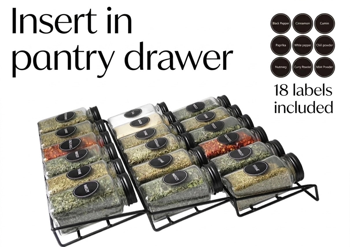 18-Piece Drawer Spice Jar Set with Metal Rack