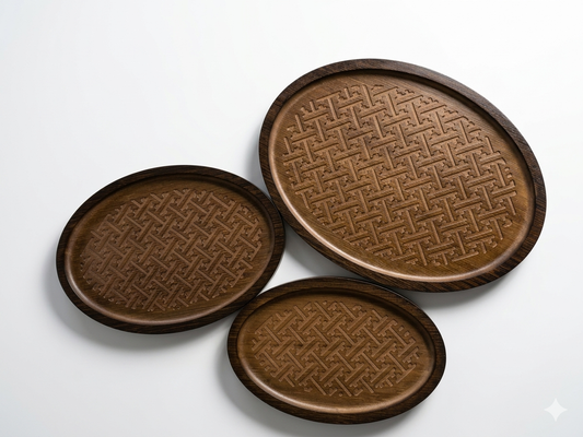 Carved Wooden Tray Set (3 Pieces)