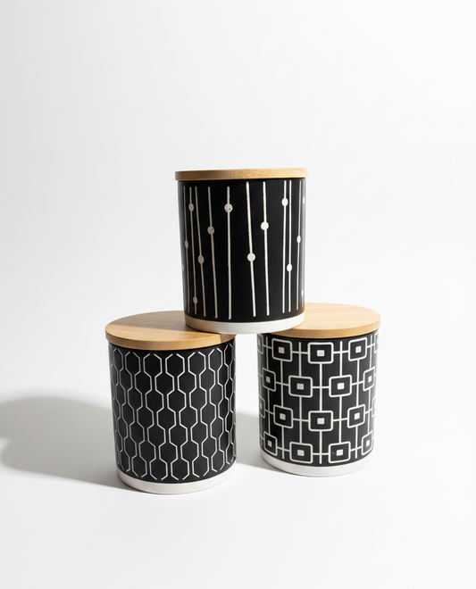 Patterned Ceramic Storage Jars with Wooden Lid (Set of 3)