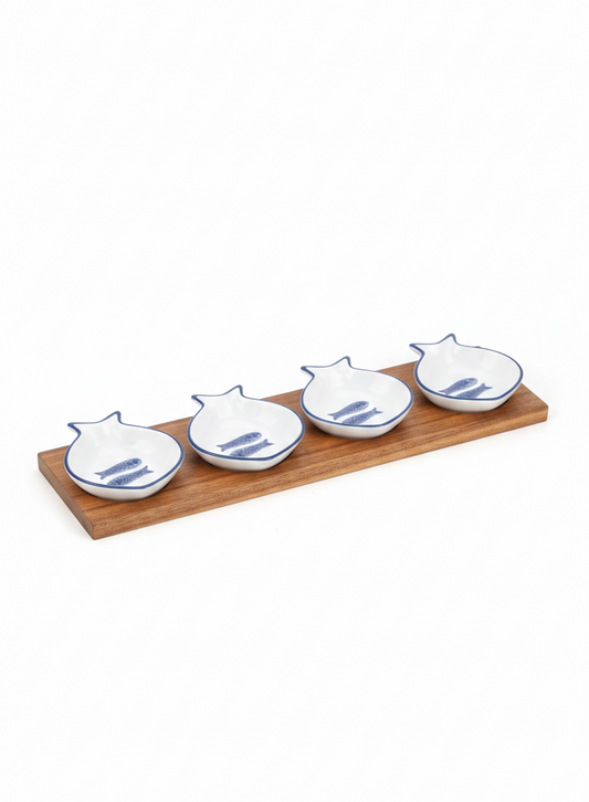 Fish-Shaped Dipping Bowls Set with Wooden Tray
