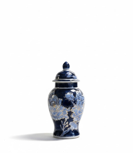 Blue & Gold Floral Ceramic Ginger Jar