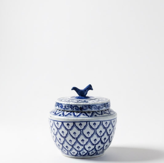 Blue & White Bird Lid Ceramic Ginger Jar