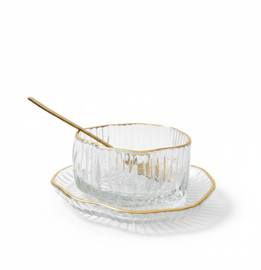 Glass Bowl with Gold Spoon (Set of 6 Pcs)