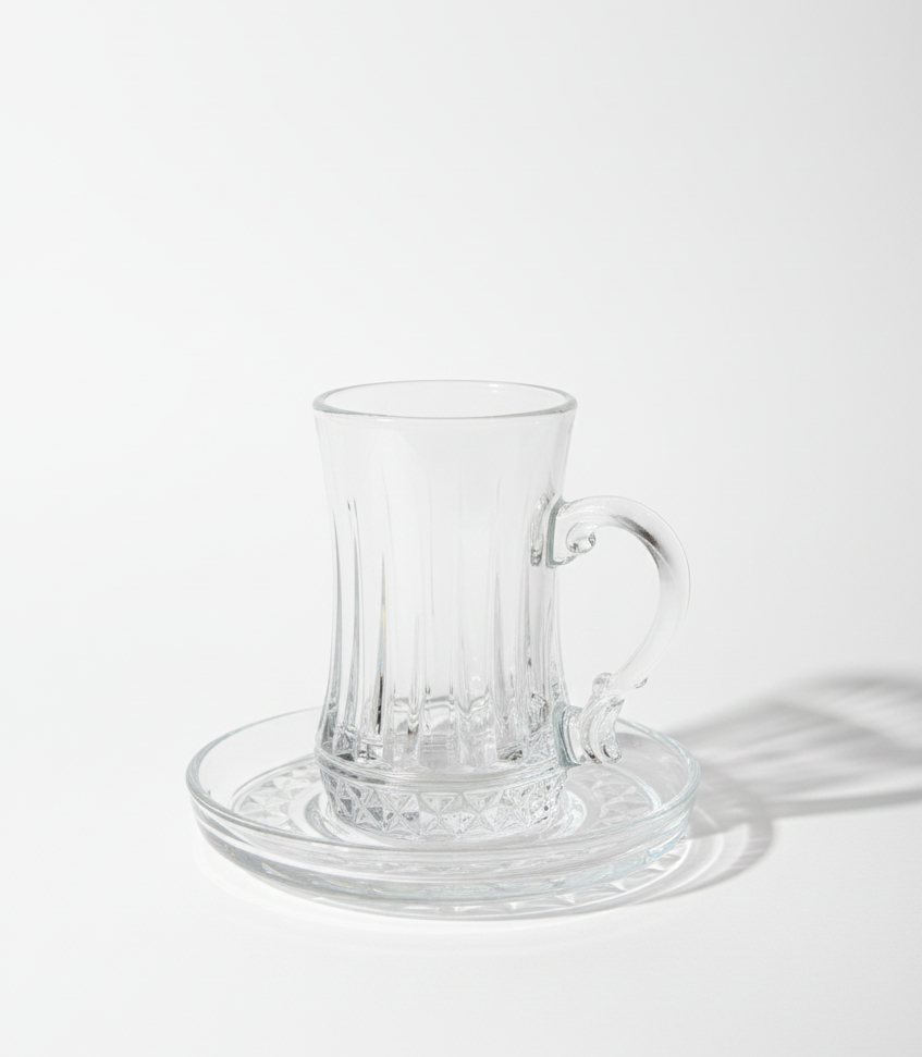 Clear Glass Tea Cup & Saucer (6 Pieces)