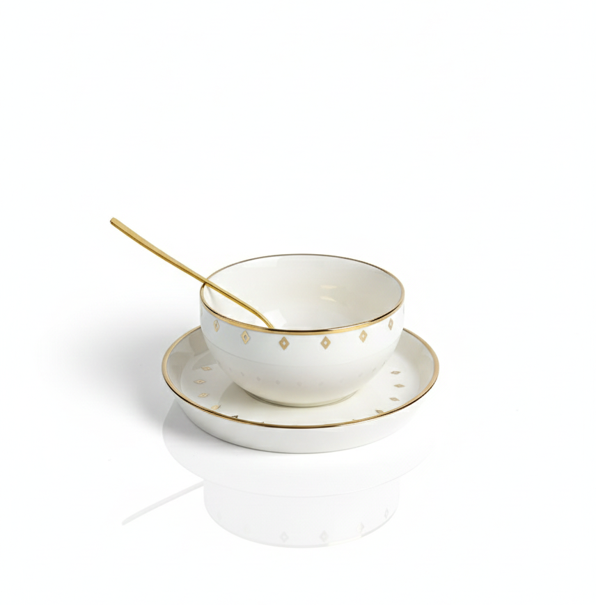 Glass Bowl with Saucer and Spoon (Set of 6)