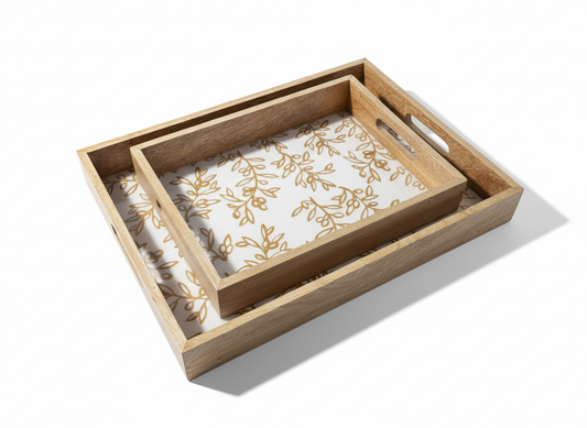 Nested Wooden Serving Trays with Botanical Base (Set of 2)