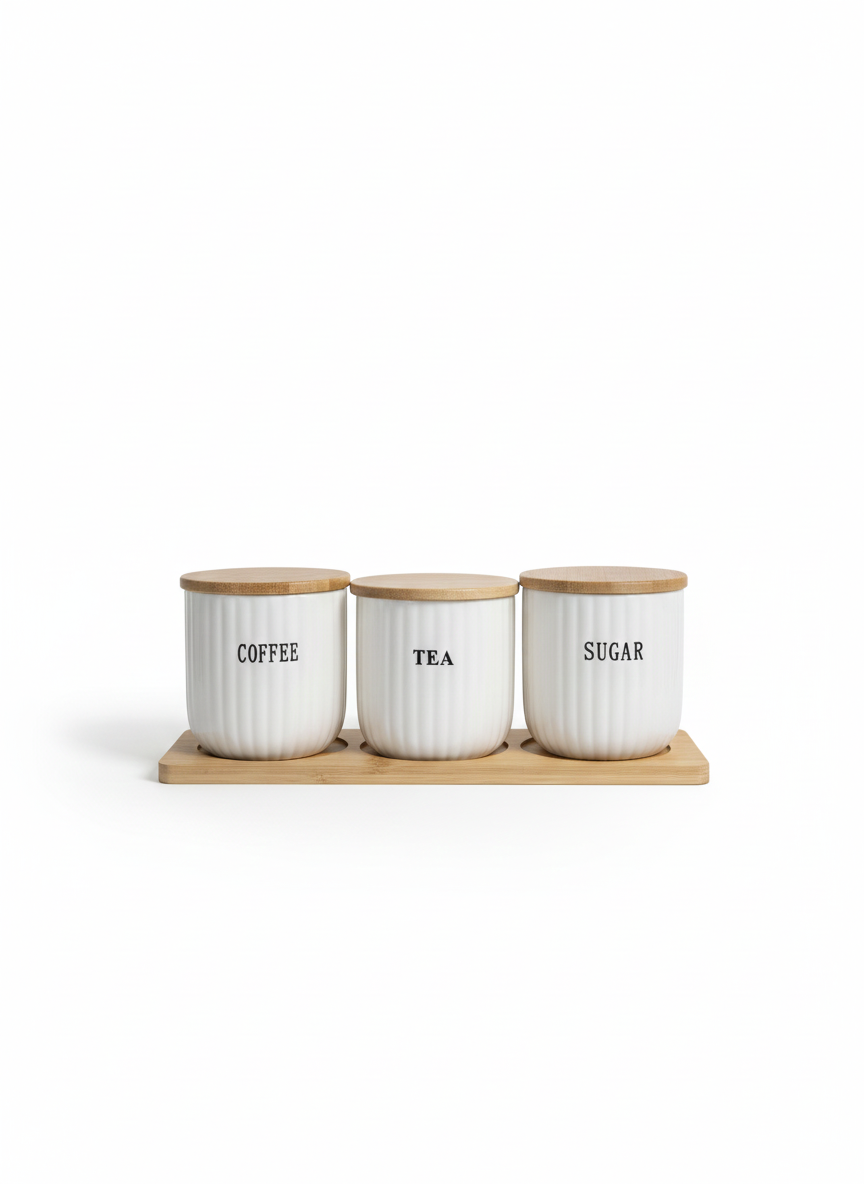 Coffee, Tea & Sugar Storage Set with Bamboo Tray